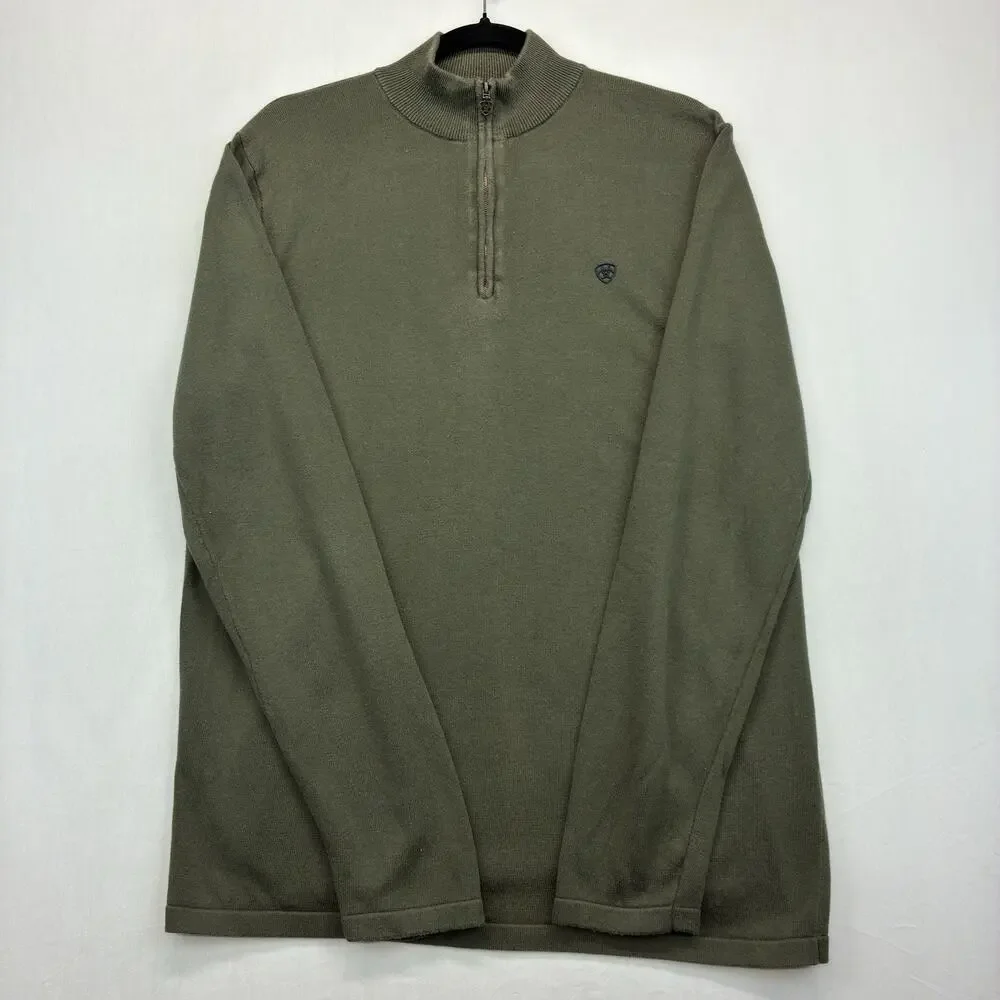 Ariat Men’s Large 1/4 Zip Sweater Olive Green Cotton Modal Western Pullover